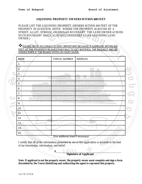 First page of the Adjoining Property Owners Within 600 Feet