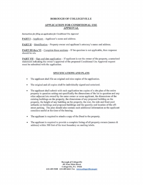 First page of the Conditional Use Approval Application