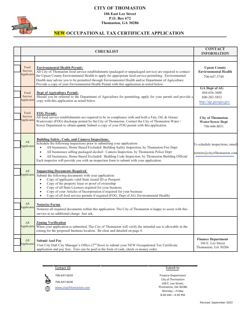 First page of the Occupational Tax Certificate Application Checklist