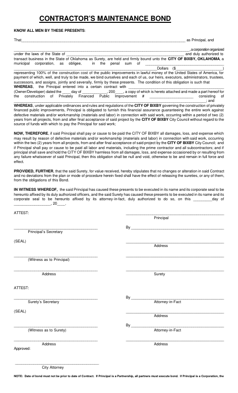 First page of the Contractor’s Maintenance Bond