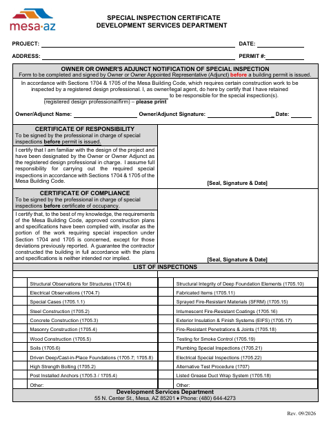 First page of the Special Inspection Certificate
