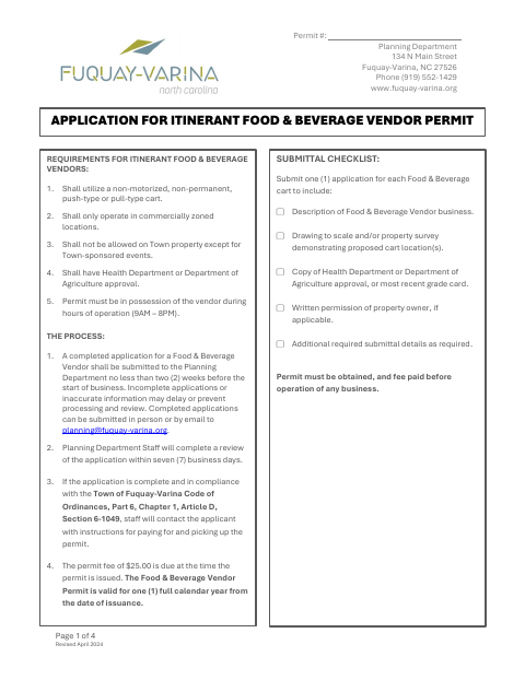 First page of the Itinerant Food & Beverage Vendor Permit Application