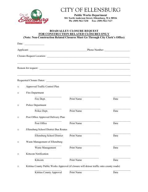 First page of the Road/Alley Closure Request for Construction Related Closures Only