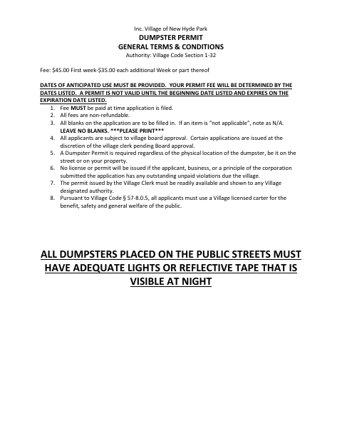First page of the Dumpster Permit Application
