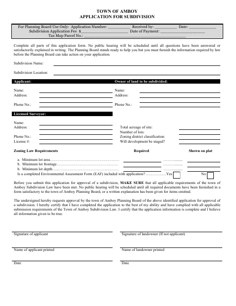 First page of the Subdivision Application