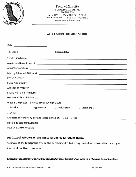 First page of the Subdivision Application