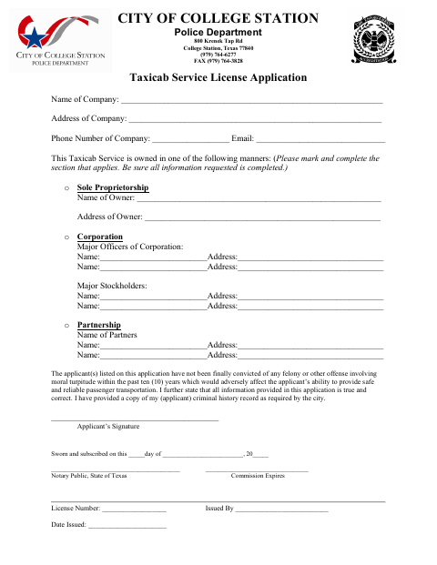 First page of the Taxicab Service License Application