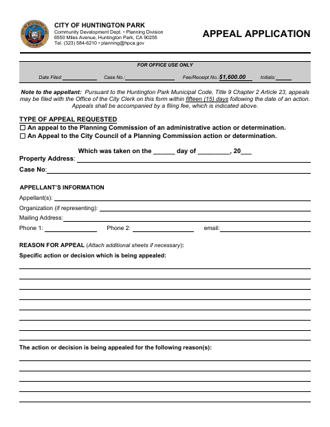 First page of the Appeal Application