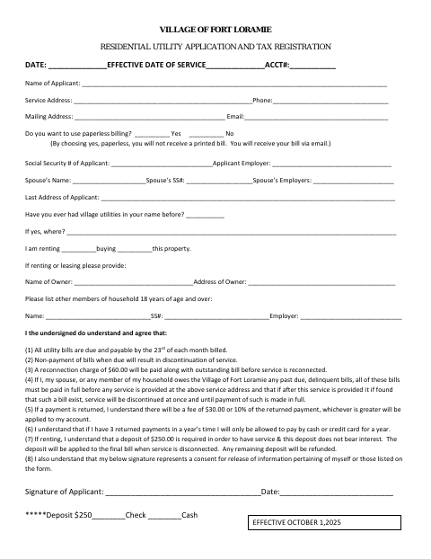 First page of the Residential Utility Application and Tax Registration