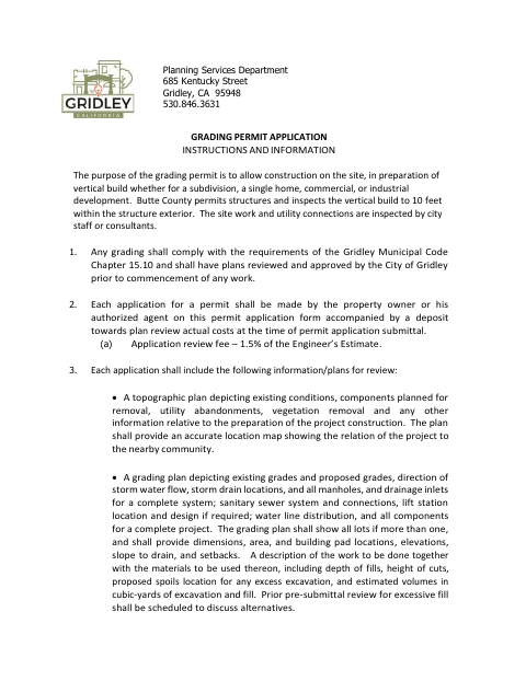 First page of the Grading Permit Application