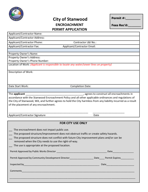 First page of the Encroachment Permit Application