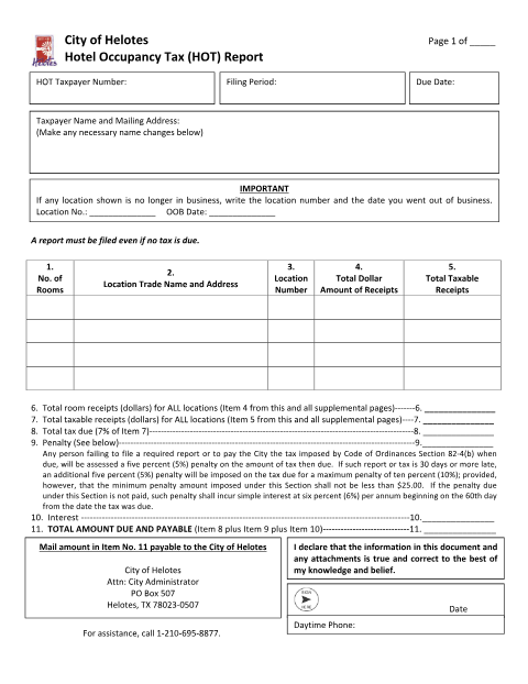 First page of the Hotel Occupancy Tax (HOT) Report
