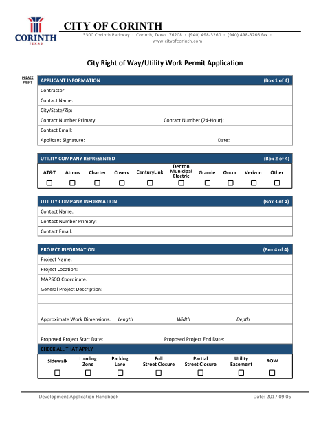 First page of the City Right of Way/Utility Work Permit Application