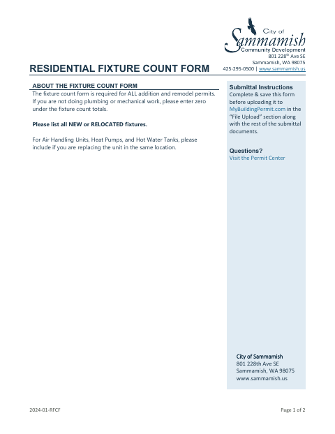 First page of the Residential Fixture Count Form