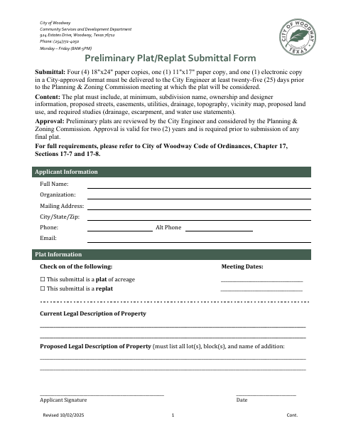 First page of the Preliminary Plat/Replat Submittal Form