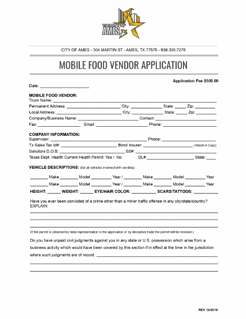First page of the Mobile Food Vendor Application