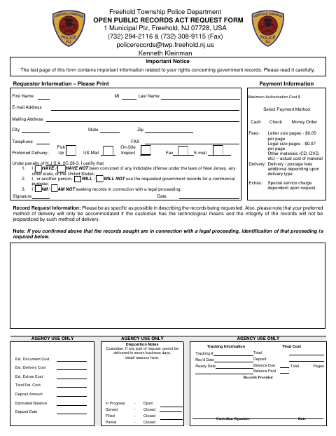 First page of the Open Public Records Act Request Form