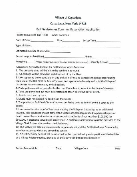 First page of the Ball Fields/Ames Common Reservation Application