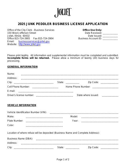 First page of the Junk Peddler Business License Application