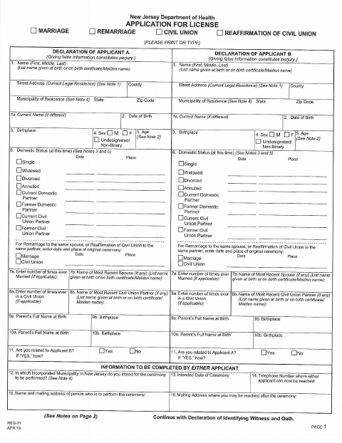 First page of the Application for Marriage License