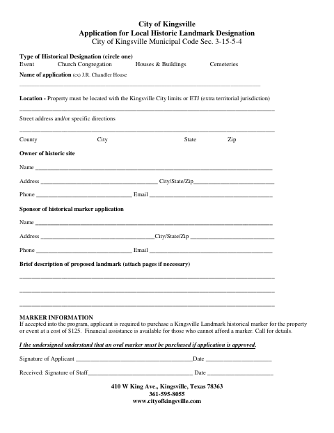 First page of the Application for Local Historic Landmark Designation