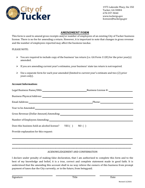 First page of the Business Tax Amendment Form