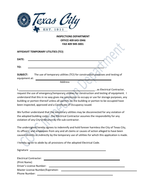 First page of the Affidavit for Temporary Utilities