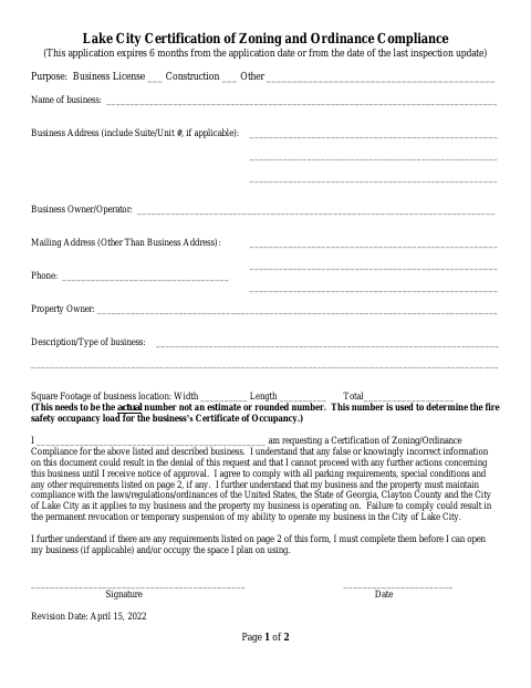 First page of the Certification of Zoning and Ordinance Compliance