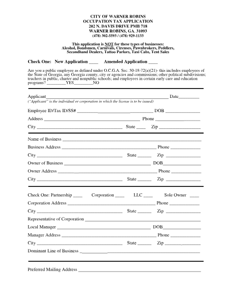 First page of the Commercial Occupation Tax Amendment Application