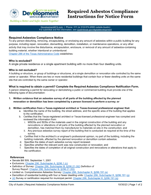 First page of the Required Asbestos Compliance Notice Form
