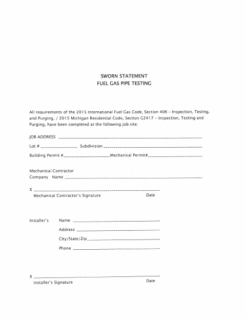 First page of the Gas Piping Affidavit