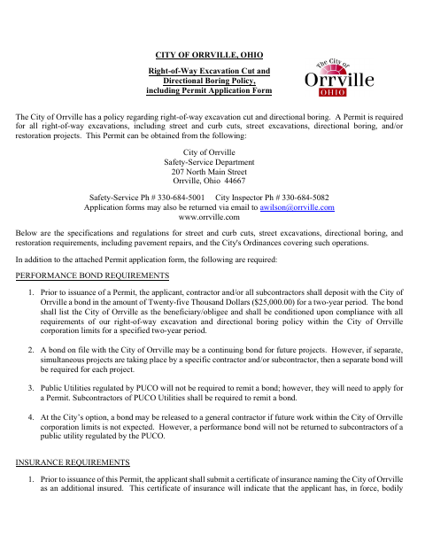 First page of the Right-of-Way Excavation Permit Application