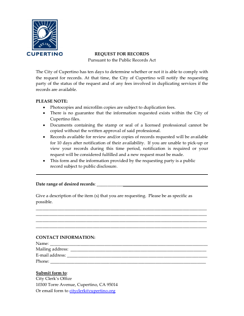 First page of the Request For Records