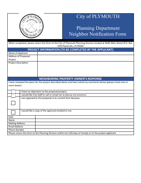 First page of the Neighbor Notification Form