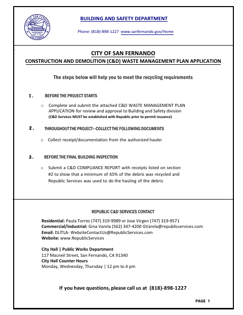 First page of the Construction and Demolition Waste Management Plan Application