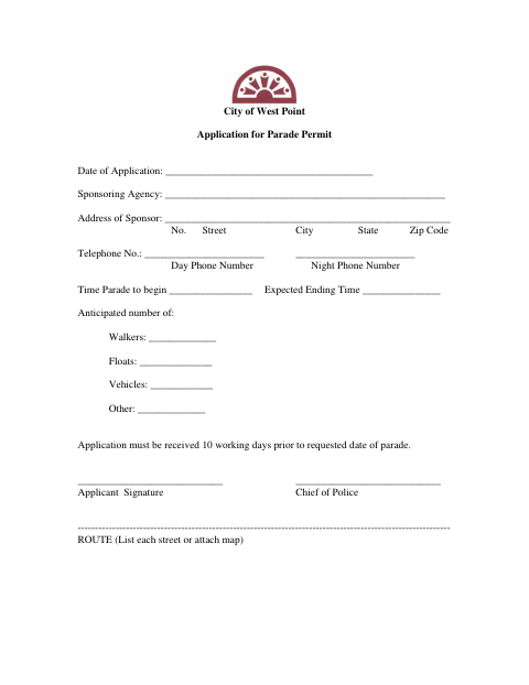 First page of the Application for Parade Permit
