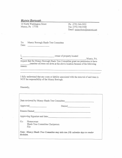 First page of the Shade Tree Removal Request