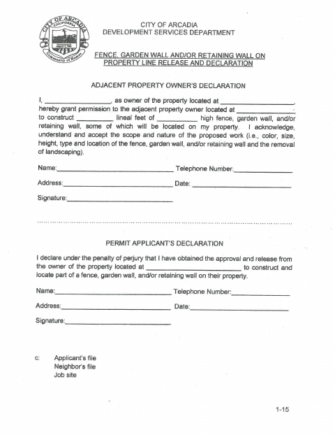First page of the Fence, Garden Wall and Retaining Wall on Property Line Release and Declaration