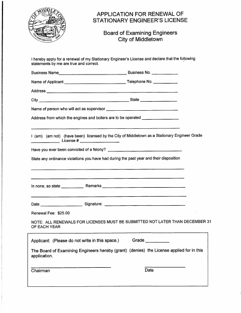 First page of the Stationary Engineer's License Application