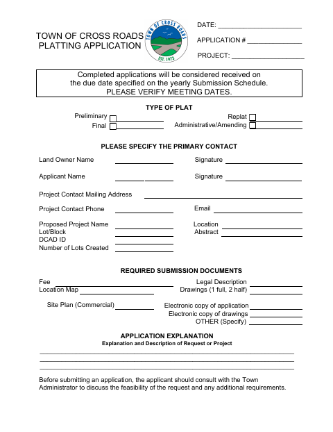 First page of the Platting Application