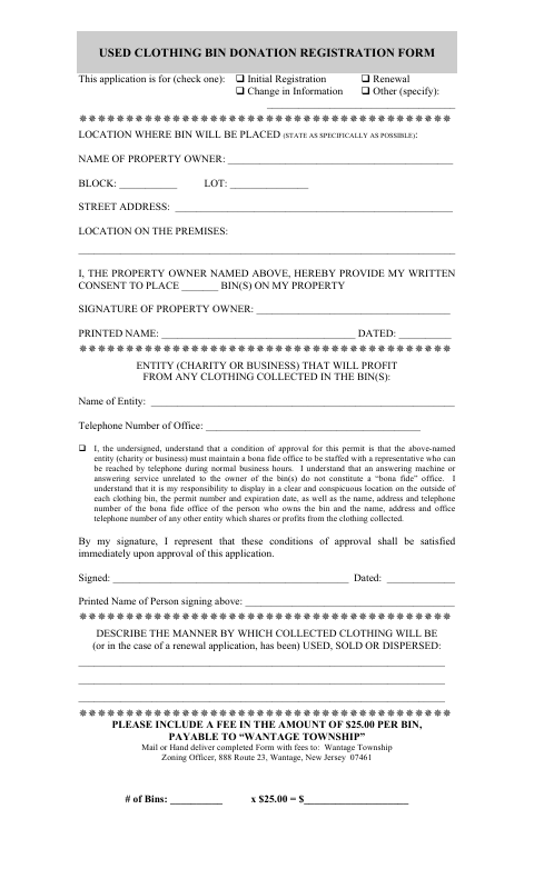 First page of the Used Clothing Bin Donation Registration Form