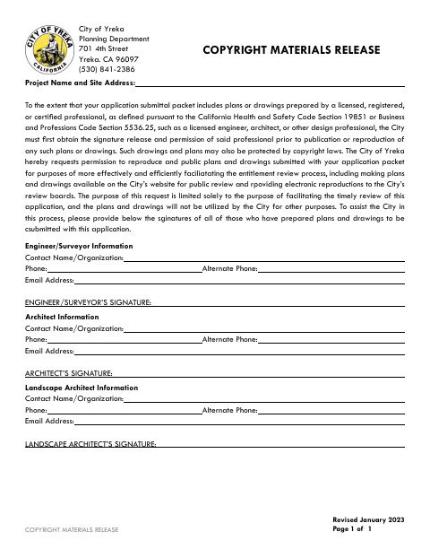 First page of the Copyright Materials Release