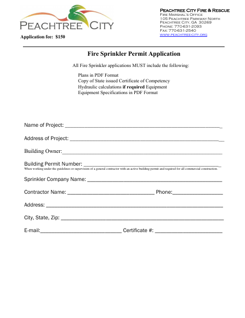 First page of the Fire Sprinkler Permit Application