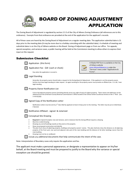 First page of the Zoning Board of Adjustment Application