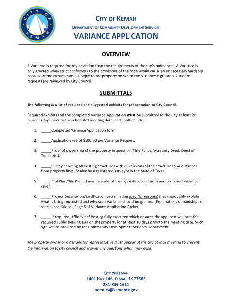 First page of the Variance Application