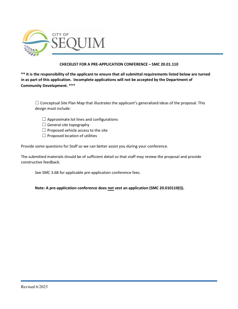 First page of the Checklist for a Pre-Application Conference