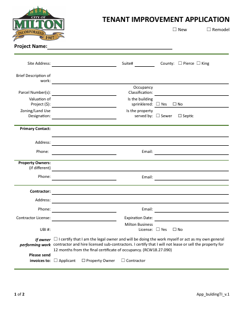 First page of the Tenant Improvement Application