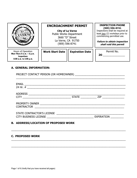 First page of the Encroachment Permit