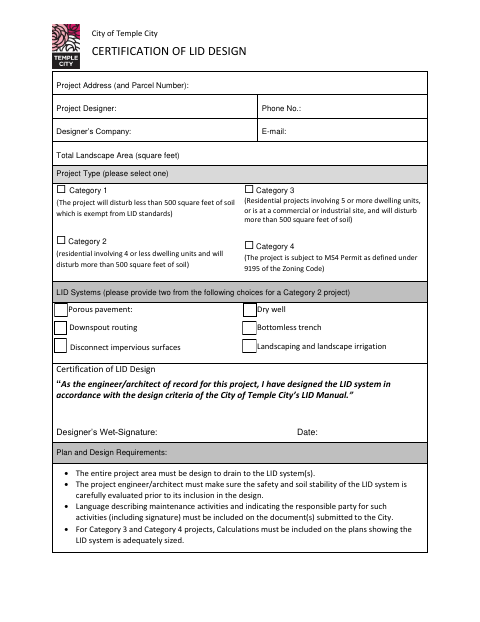 First page of the Certification of LID Design