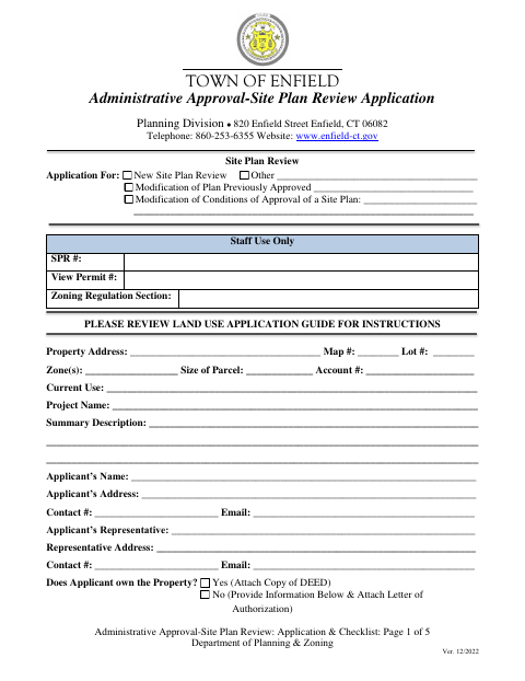 First page of the Administrative Approval Site Plan Review Application